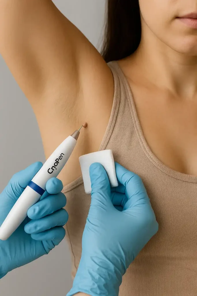 woman having cryopen to remove underarm skin tags South Yardley