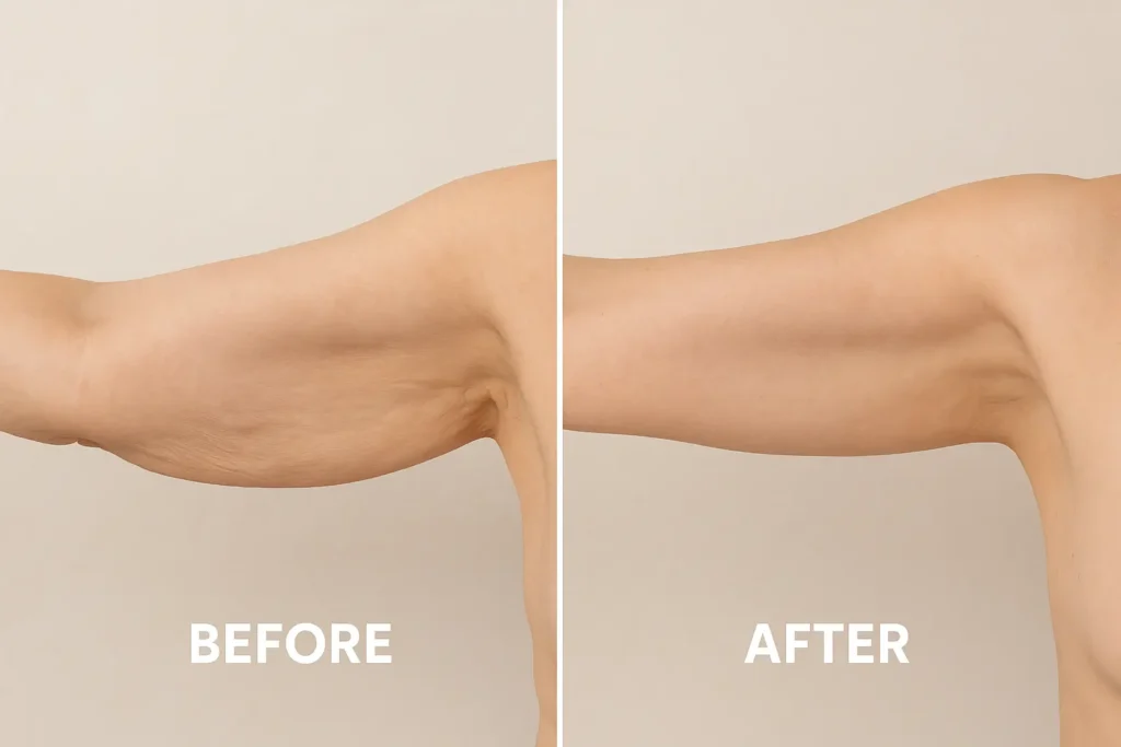 Picture of LA LIPO South Yardley before and after results of skin tightening treatment on the upper arms.