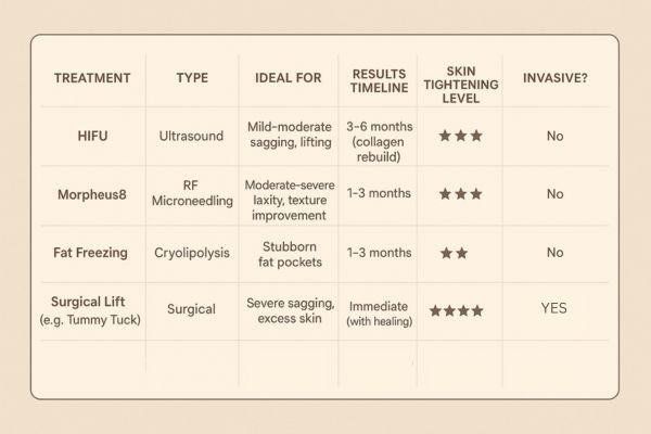 Table showing the comparisons of Skin tightening South Yardley treatment options.